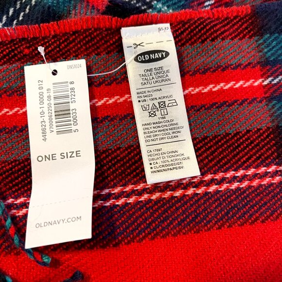 NWT ~ Old Navy Scarf One Size Red Green, White Plaid Fringe - Picture 5 of 7